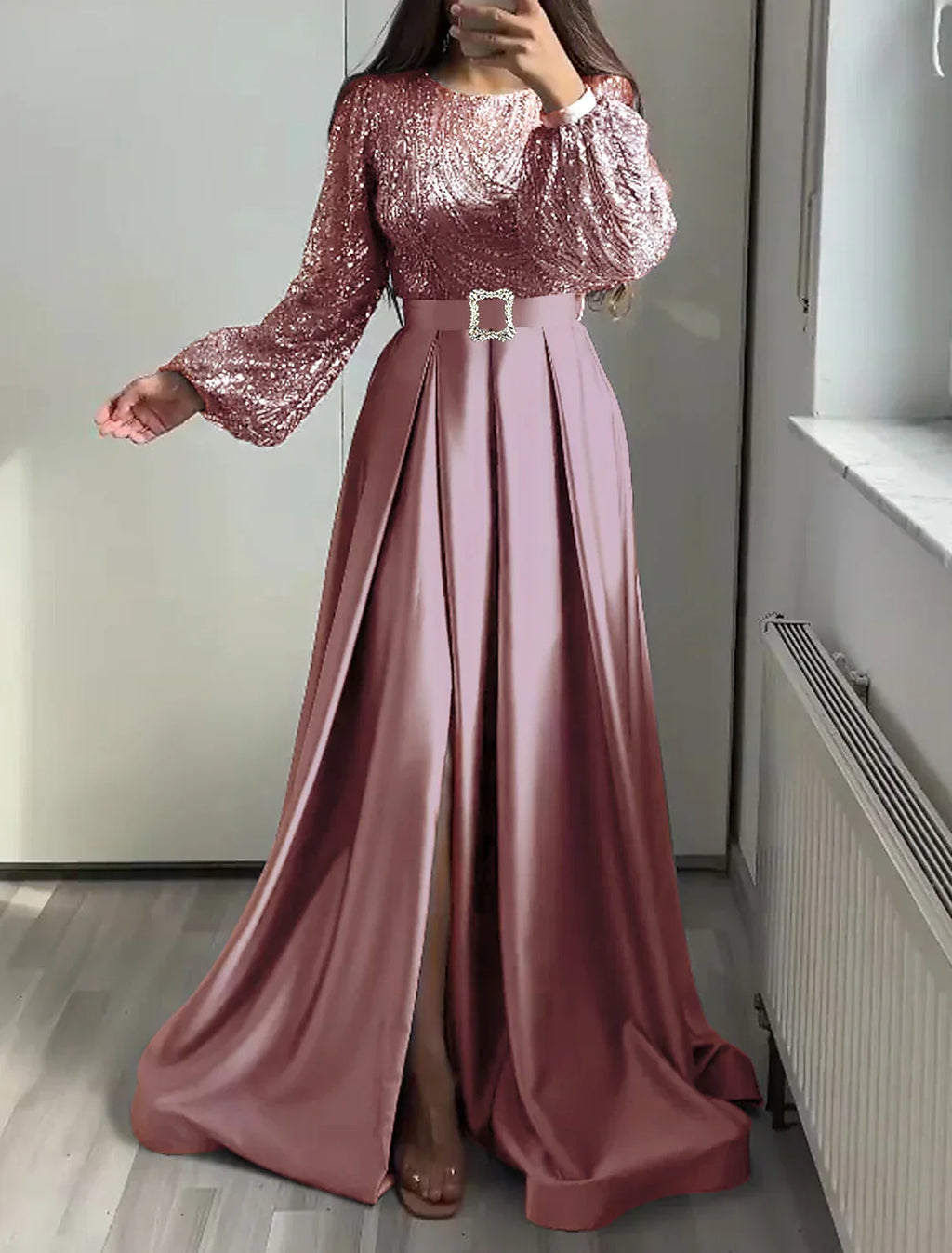 Black Evening Gown Glittering Dress Wedding Tie Floor Length Long Sleeve Jewel Neck Fall Wedding Guest
