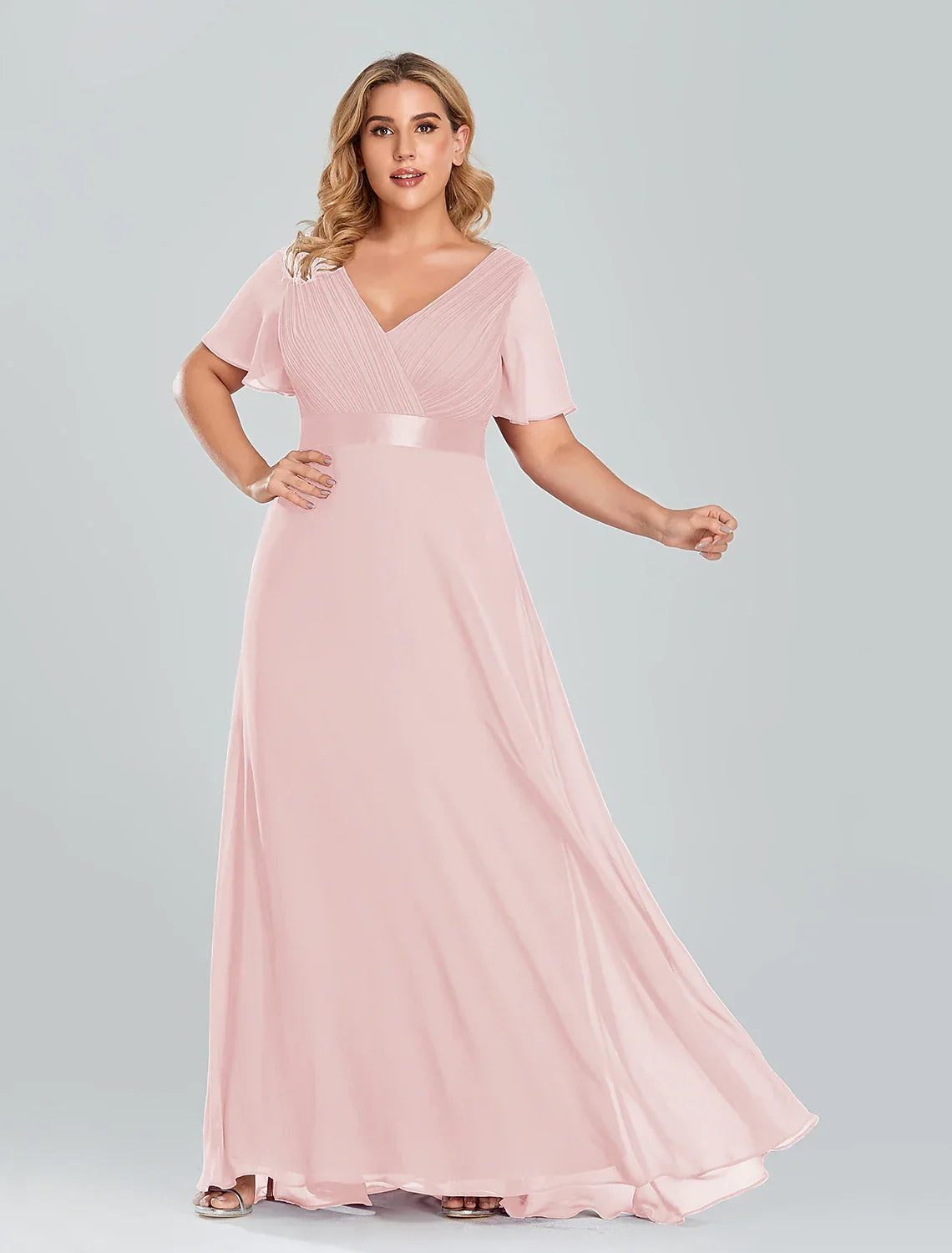 Empire Dress Wedding Guest Floor Length Short Sleeve V Neck with Pleats