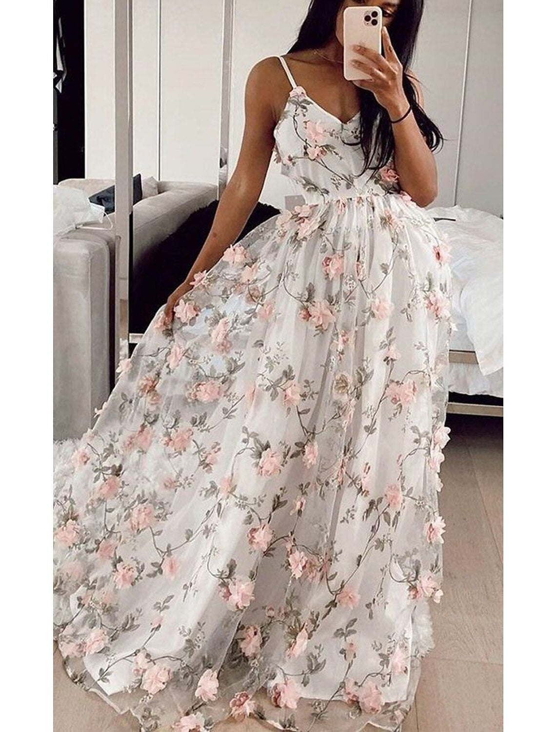 Floral Dress Formal Floor Length Sleeveless V Neck with Floral Print