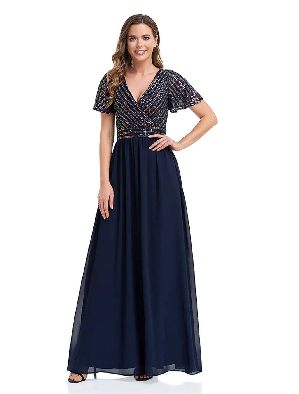 Evening Gown Elegant Dress Floor Length Short Sleeve V Neck