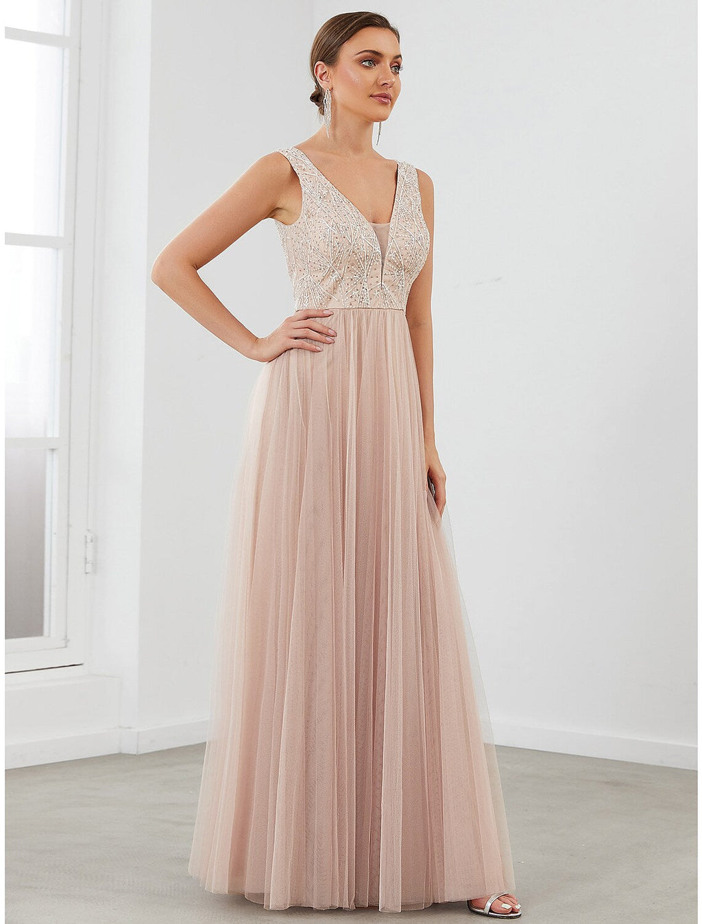 Evening Gown Elegant Dress Wedding Guest Floor Length Sleeveless V Neck V Back Draping