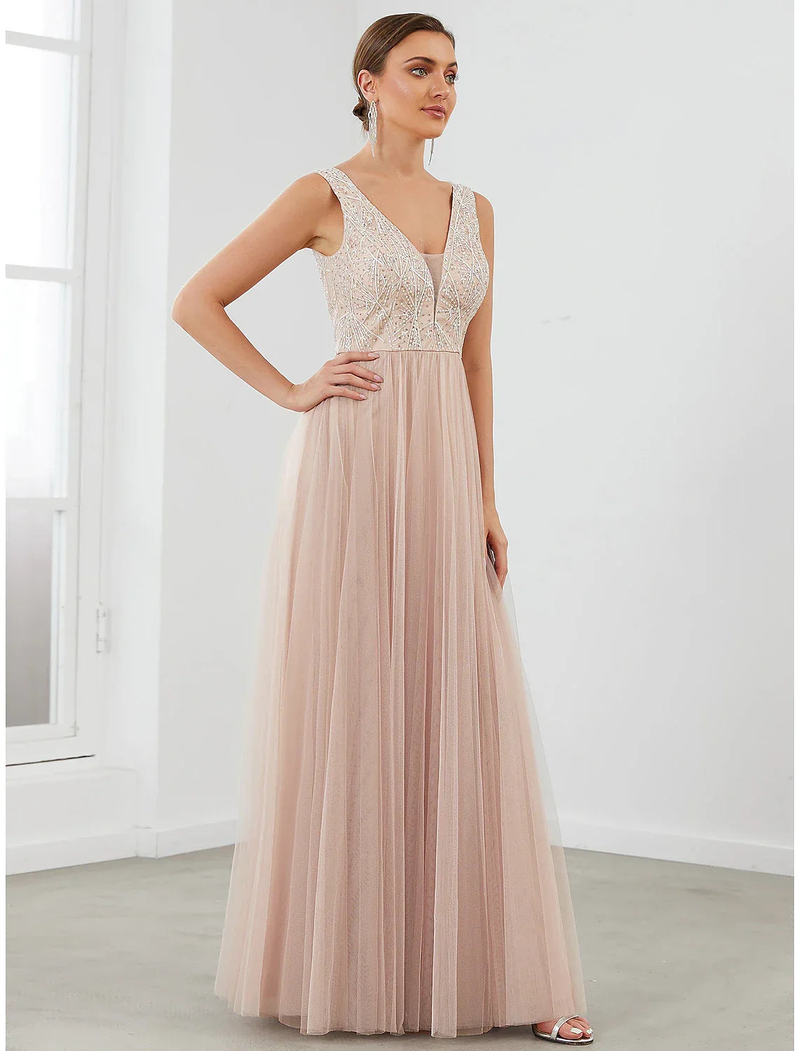 Evening Gown Elegant Dress Wedding Guest Floor Length Sleeveless V Neck V Back with Draping