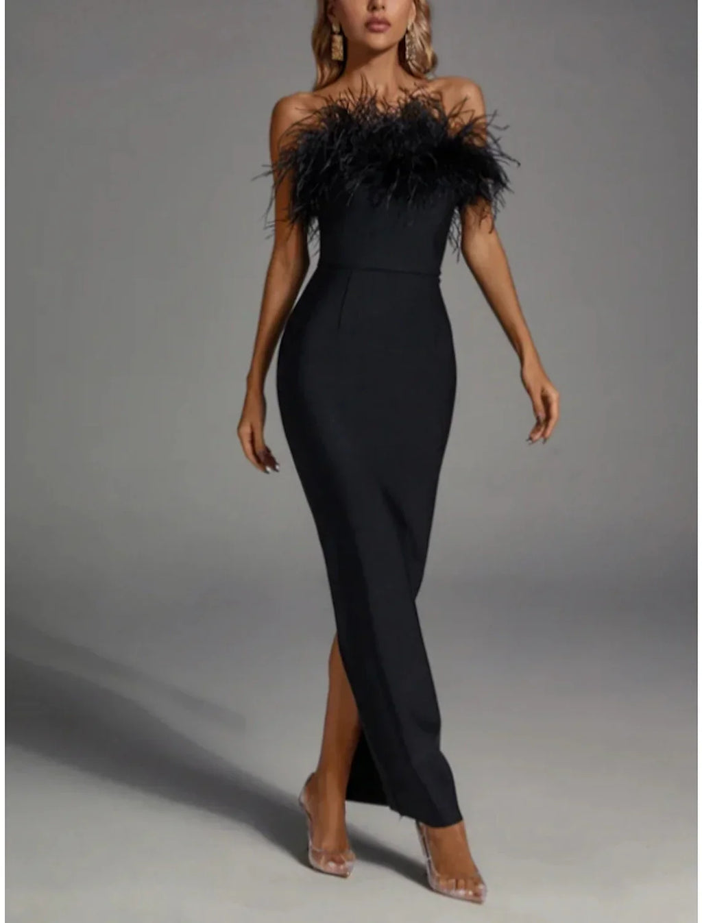 Black Sheath / Column Evening Gown Elegant Dress Formal Fall Ankle Length Sleeveless Strapless Fabric with Feather Slit