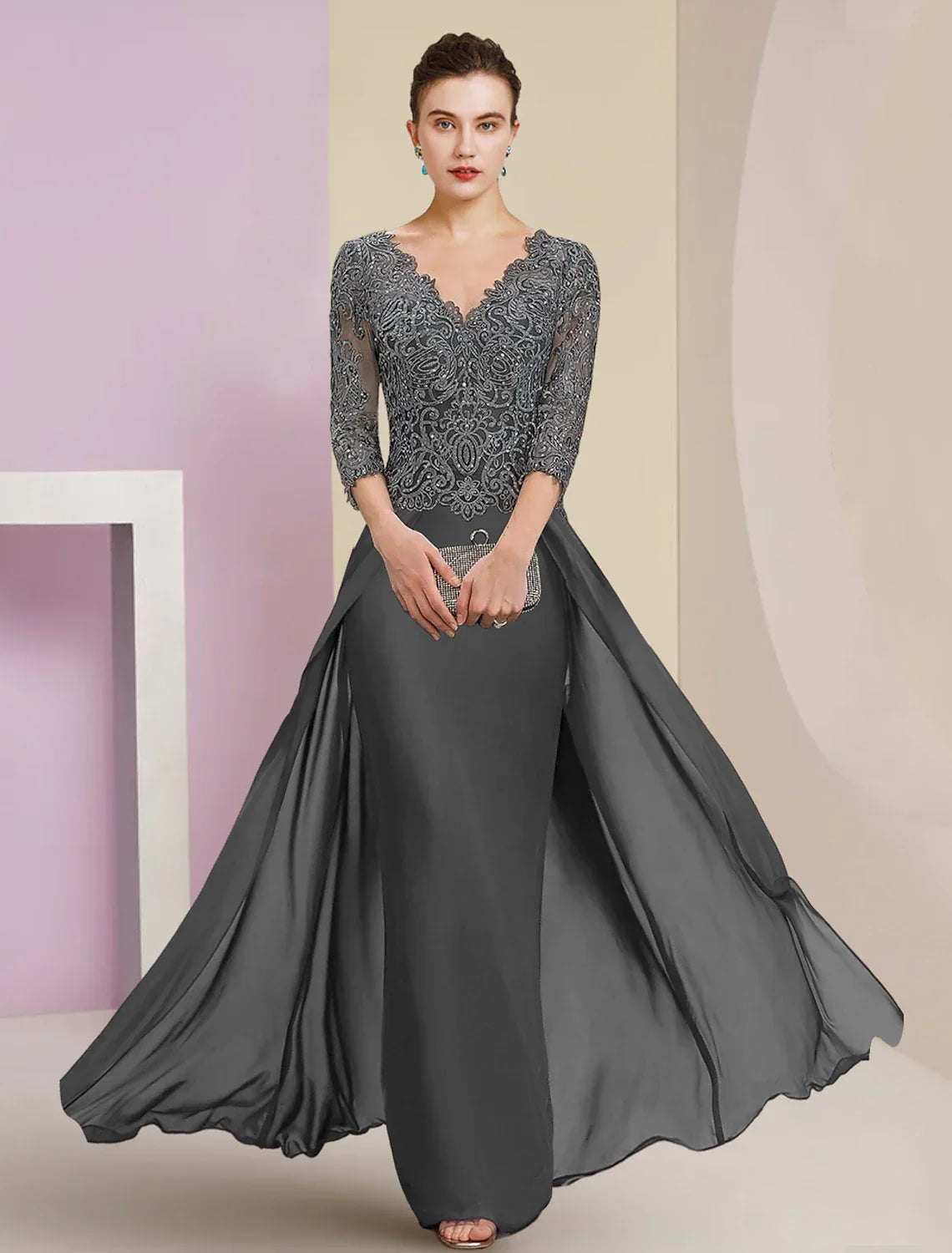 Sheath / Column Mother of the Bride Dress Formal Wedding Guest Elegant V Neck Floor Length 3/4 Length Sleeve with Appliques