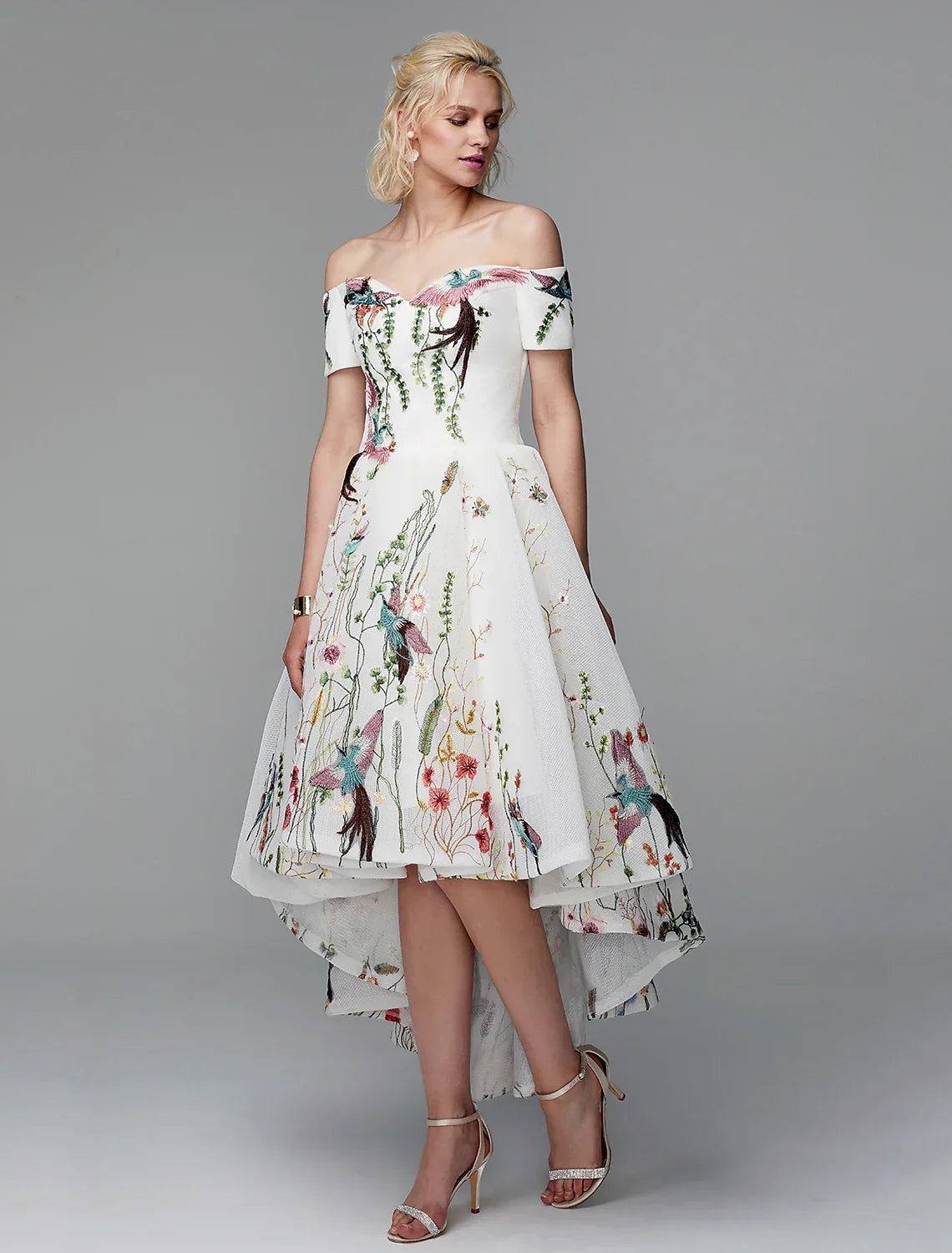 Wedding Asymmetrical Short Sleeve Off Shoulder with Embroidery