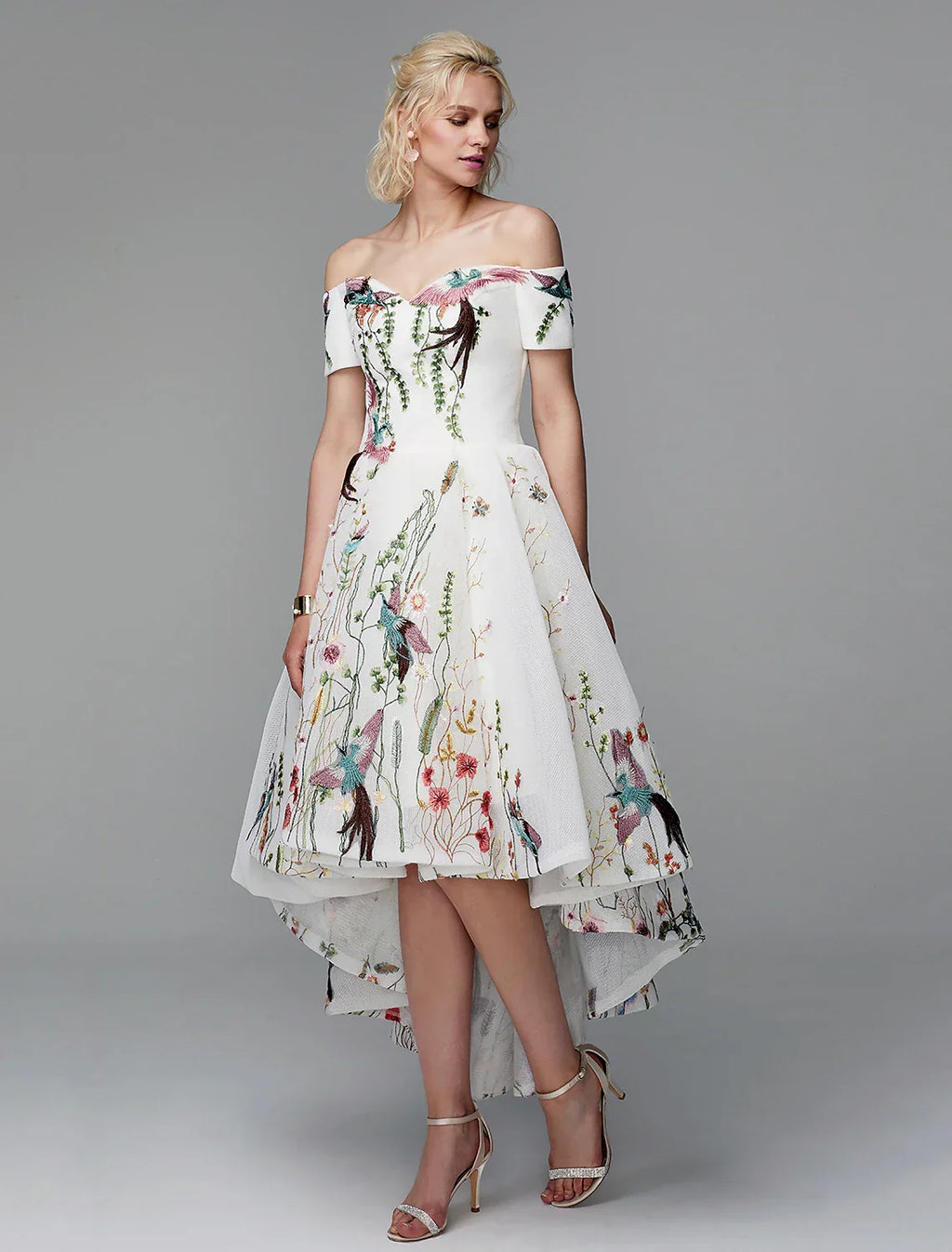 Ball Gown Cute Dress Wedding Guest Asymmetrical Short Sleeve Off Shoulder with Embroidery